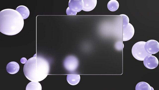 Frosted square glass for inscriptions or logos with purple round spheres on a black background wall. Abstract rendering of intro video. Seamless looping animation.