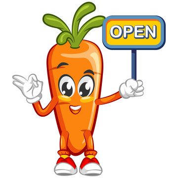 vector illustration of mascot character a cute carrot carrying a sign saying open with hand giving ok sign