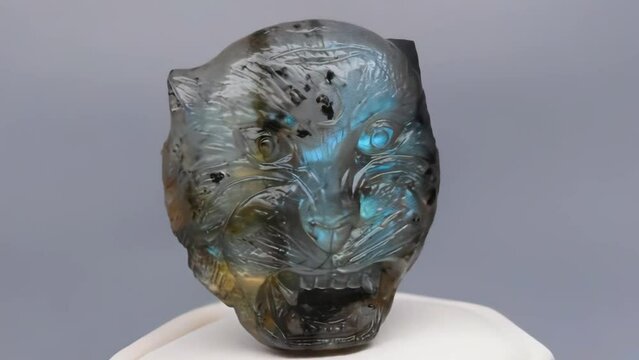 natural tiger face carved labradorite on the turning table