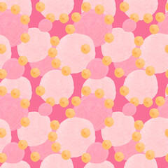 Watercolor seamless pattern with abstract spots on pink background in doodle.Textured, bright, print with shapes