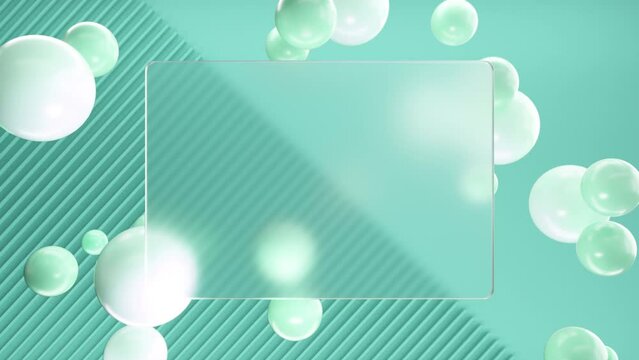 Frosted square glass for inscriptions or logos with mint round spheres on a background of cayan 3D lines and half a blank wall. Abstract rendering of intro video. Seamless looping animation.