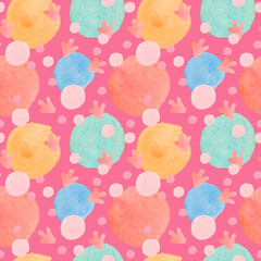Watercolor seamless pattern with abstract spots on pink background in doodle.Textured, bright, print with shapes