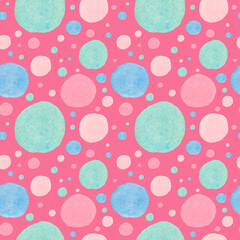 Watercolor seamless pattern with abstract spots on pink background in doodle.Textured, bright, print with shapes