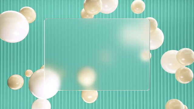 Frosted square glass for inscriptions or logos with yellow round spheres on a background of cayan 3D lines on the wall. Abstract rendering of intro video. Seamless looping animation.