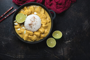 Cast-iron pan with yellow chicken curry and white rice, flatlay on a dark-brown stone background, horizontal shot with space