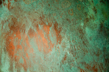 Oxidized copper background. copper oxide patina. natural texture copper material.green and blue...