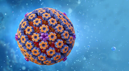 Herpes simplex virus cell model, herpesviridae family viral infection caused by the human herpes virus. Oral, lips, skin HSV-1 and sexually transmitted genital disease HSV-2, 3D medical science image - obrazy, fototapety, plakaty