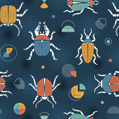 Dark Blue Halftone Retro Seamless Pattern with Bugs and Geometric Shapes. Colorful Beetles Abstract Background. Vintage Wallpaper with Insects. Vector illustration