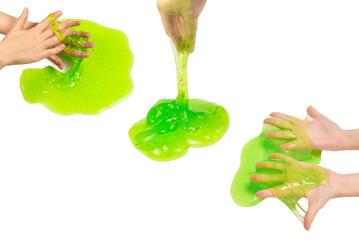 Green slime toy in woman hand isolated on white.