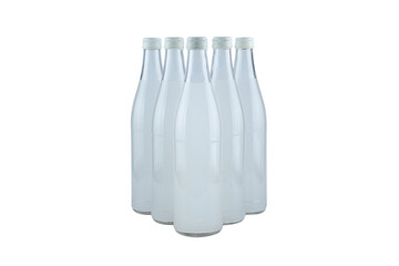 A white bottle with a soda drink on ice isolated.