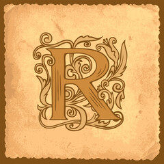 Beautiful vector initial letter R in vintage style with fairy tale decoration on an old paper. Ornate capital letter R suitable for monogram, logo, emblem, greeting card, invitation or label design