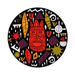 Conceptual  illustration with tribal African  mask and different decorative items. Hand drawn round template. Doodle style. Vector.