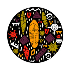 Conceptual  illustration with tribal African  mask and different decorative items. Hand drawn round template. Doodle style. Vector.