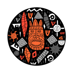 Conceptual  illustration with tribal African  mask and different decorative items. Hand drawn round template. Doodle style. Vector.