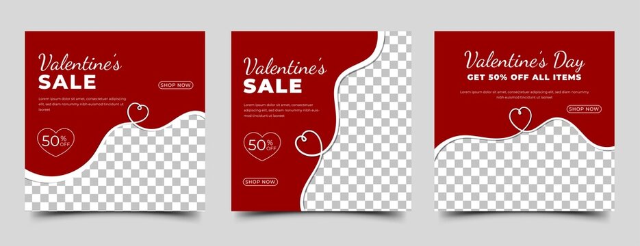 Valentine's day sale promotion banner design template. Modern square banners with place for the photo. Usable for social media post, banner, and web.