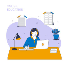 Home Online Education,  girl with headphones on her laptop