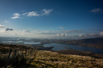 Beautiful view of Clew Bay with all its islands from Buckagh mountain at Lough Feeagh in County Mayo in Ireland