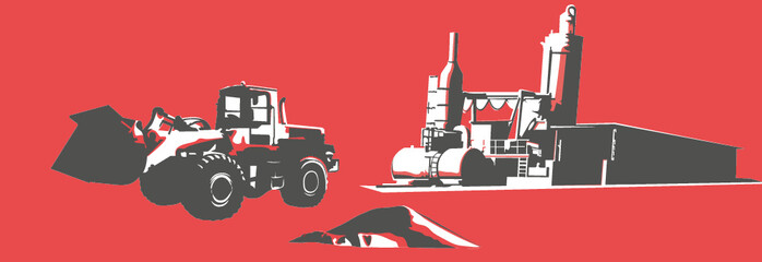 Illustrazione grafica cantiere fabbrica gru trattore ruspa sabbia pompa 