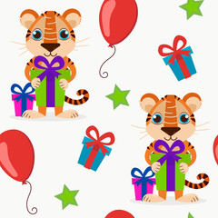 Festive seamless pattern with tiger, gifts, balloons and stars. Vector graphic.