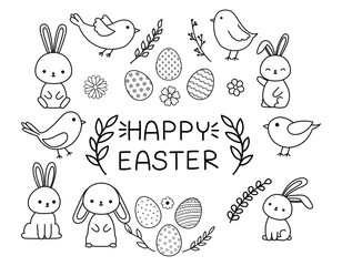 Easter set with simple lettering, bunnies, birds, eggs, flowers and twigs