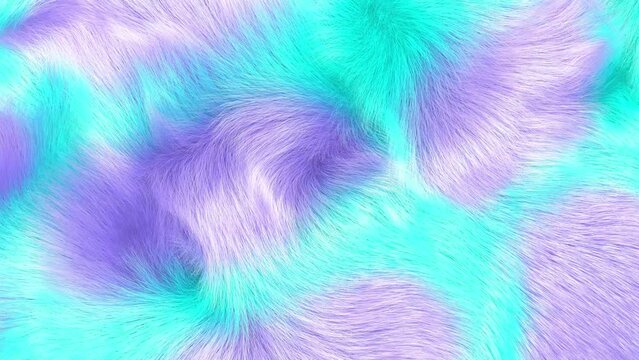 Gently waving turquoise and purple plush monster fake fur texture. Colorful abstract fur background, 3D animation.