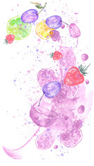 Watercolor drawing. Spilled wine, a fallen glass, a wine glass. Splash paint, a spilled drink, a spray. The illustration is made in watercolor.Fruit cocktail, wine. Citrus, grapes, plums, strawberries