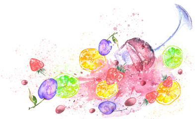 Watercolor drawing. Spilled wine, a fallen glass, a wine glass. Splash paint, a spilled drink, a spray. The illustration is made in watercolor.Fruit cocktail, wine. Citrus, grapes, plums, strawberries