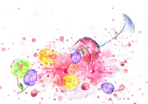 Watercolor drawing. Spilled wine, a fallen glass, a wine glass. Splash paint, a spilled drink, a spray. The illustration is made in watercolor.Fruit cocktail, wine. Citrus, grapes, plums, strawberries