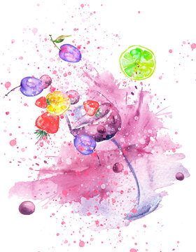 Watercolor drawing. Spilled wine, a fallen glass, a wine glass. Splash paint, a spilled drink, a spray. The illustration is made in watercolor.Fruit cocktail, wine. Citrus, grapes, plums, strawberries