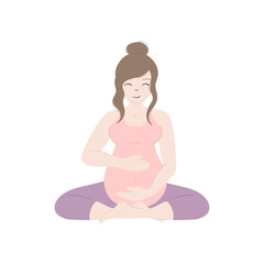 Vector cute pregnant woman in flat style. Pregnancy health concept with female who doing prenatal yoga