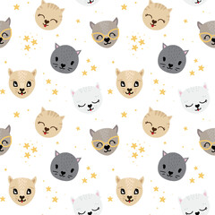 Cute seamless pattern with hand drawn funny cats and stars