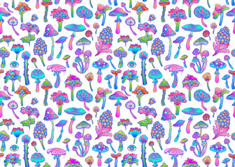Colorful flowersl and mushrooms seamless pattern, retro 60s, 70s hippie style background. Vintage psychedelic textile, fabric, wrapping, wallpaper. Vector repeating magic floral illustration.