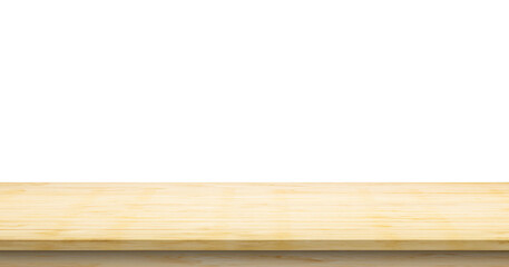 Empty wooden table top isolated on white background for product display montage