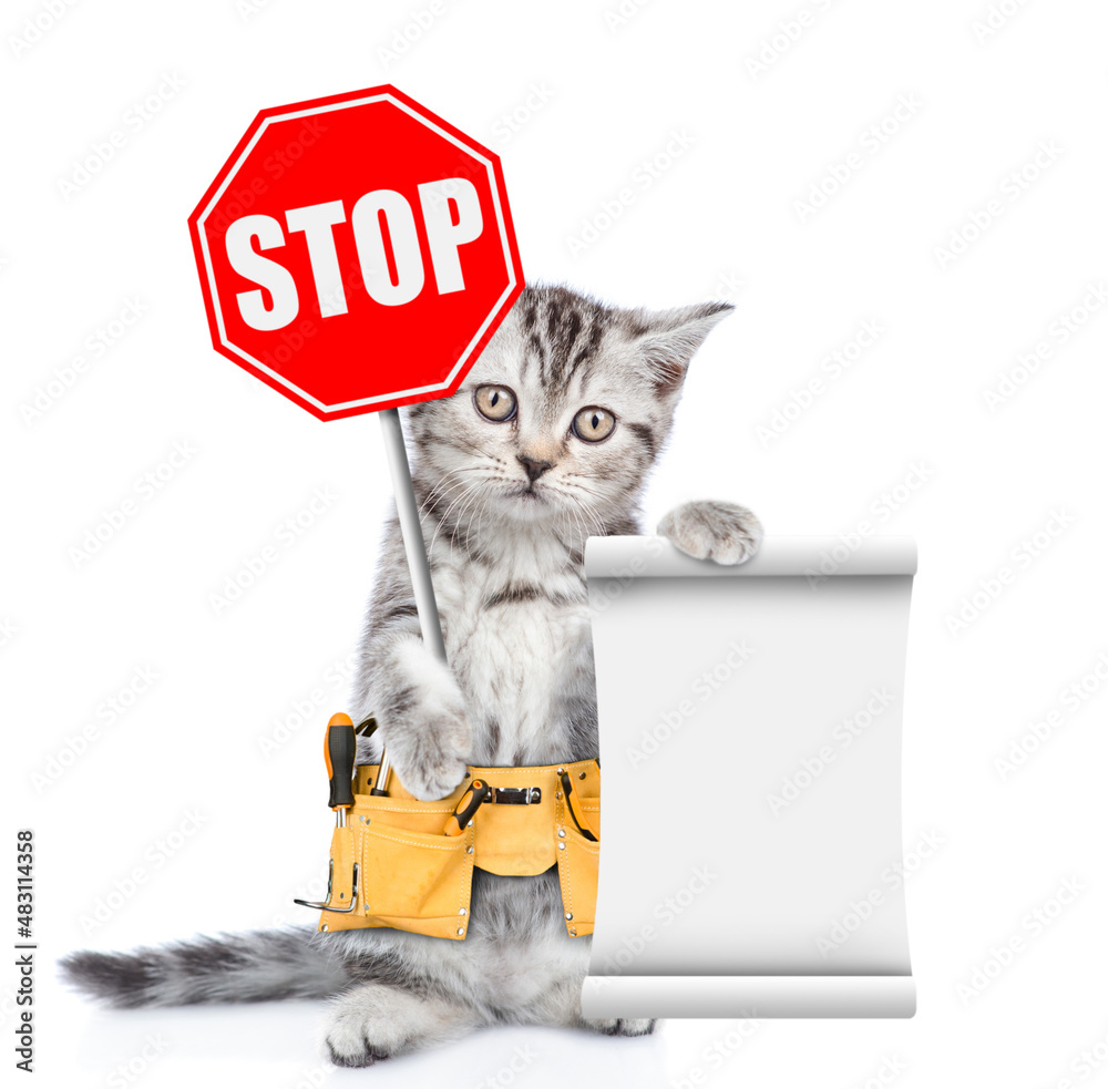 Poster Funny kitten wearing tool belt showing stop sign and empty list. Isolated on white background