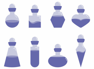 Potion, set of magical, love elixirs in a bottle in one color, elements and stickers for Valentine's Day, artifact or antidote in the game, vector monochrome image.