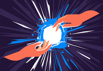 vector illustration of the concept of creating a world, two hands touching an atom with a flash in the center