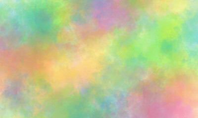 Abstract translucent watercolor background in green, yellow, purple, pink and orange tones. Copy space, horizontal banner.