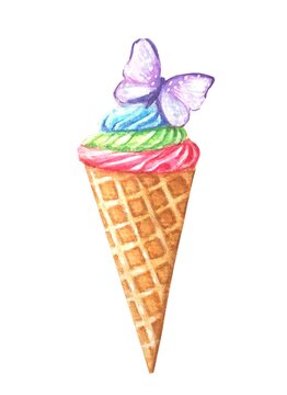 watercolor multi-colored ice cream in a waffle cup, ice cream with a butterfly