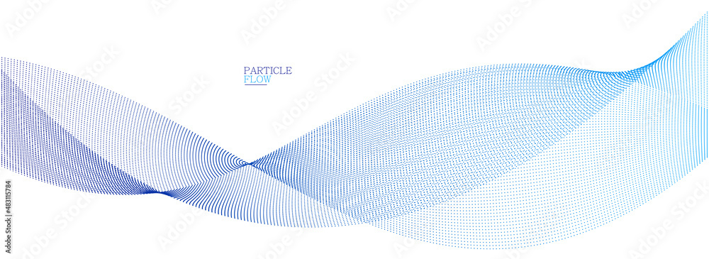 Poster blue dots in motion vector abstract background, particles array wavy flow, curve lines of points in 