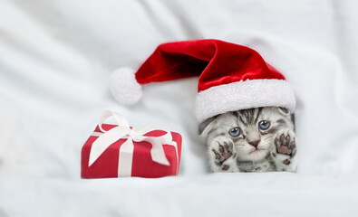Funny kitten wearing red santa's hat lies under a white blanket on a bed. Top down view. Empty...