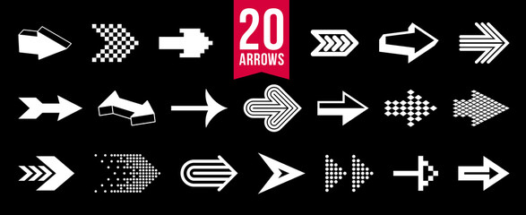 Arrow symbols big set of different shapes styles and concepts, cursors for icons or logo creation, single color monochrome logotypes.