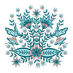 Flower chintz indian pattern vector design motif. Botanical batik paisley print. Porcelain floral ornament for embroidery, poster, clothing, label, logo, tattoo template.