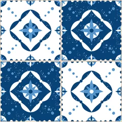 Gordijnen Delft tile pattern vector seamless with square ornament. Portuguese azulejos, mexican talavera, italian sicily majolica or spanish ceramic. Patchwork floor mosaic texture background. © irinelle