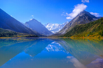 Naklejka na ściany i meble mountain landscape of Lake AkKem at the foot of the Belukha glacier in the Altai Mountains