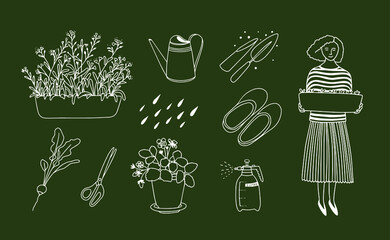 Gardening set. Vector illustration. Line art. Forget-me-nots, spray bottle, watering can, radishes, scissors, galoshes, potted strawberries - 483120115