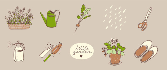 Gardening set. Vector illustration. Line art. Forget-me-nots, spray bottle, watering can, radishes, scissors, galoshes, potted strawberries - 483120117
