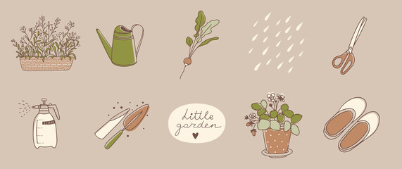 Gardening set. Line art. Forget-me-nots, spray bottle, watering can, radishes, scissors, galoshes, potted strawberries - 483120118