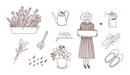 Gardening set. Vector illustration. Line art. Forget-me-nots, spray bottle, watering can, radishes, scissors, galoshes, potted strawberries