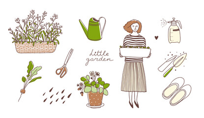 Gardening set. Vector illustration. Line art with colors. Forget-me-nots, spray bottle, watering can, radishes, scissors, galoshes, potted strawberries