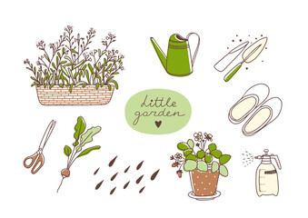 Gardening set. Vector illustration. Line art with colors. Forget-me-nots, spray bottle, watering can, radishes, scissors, galoshes, potted strawberries